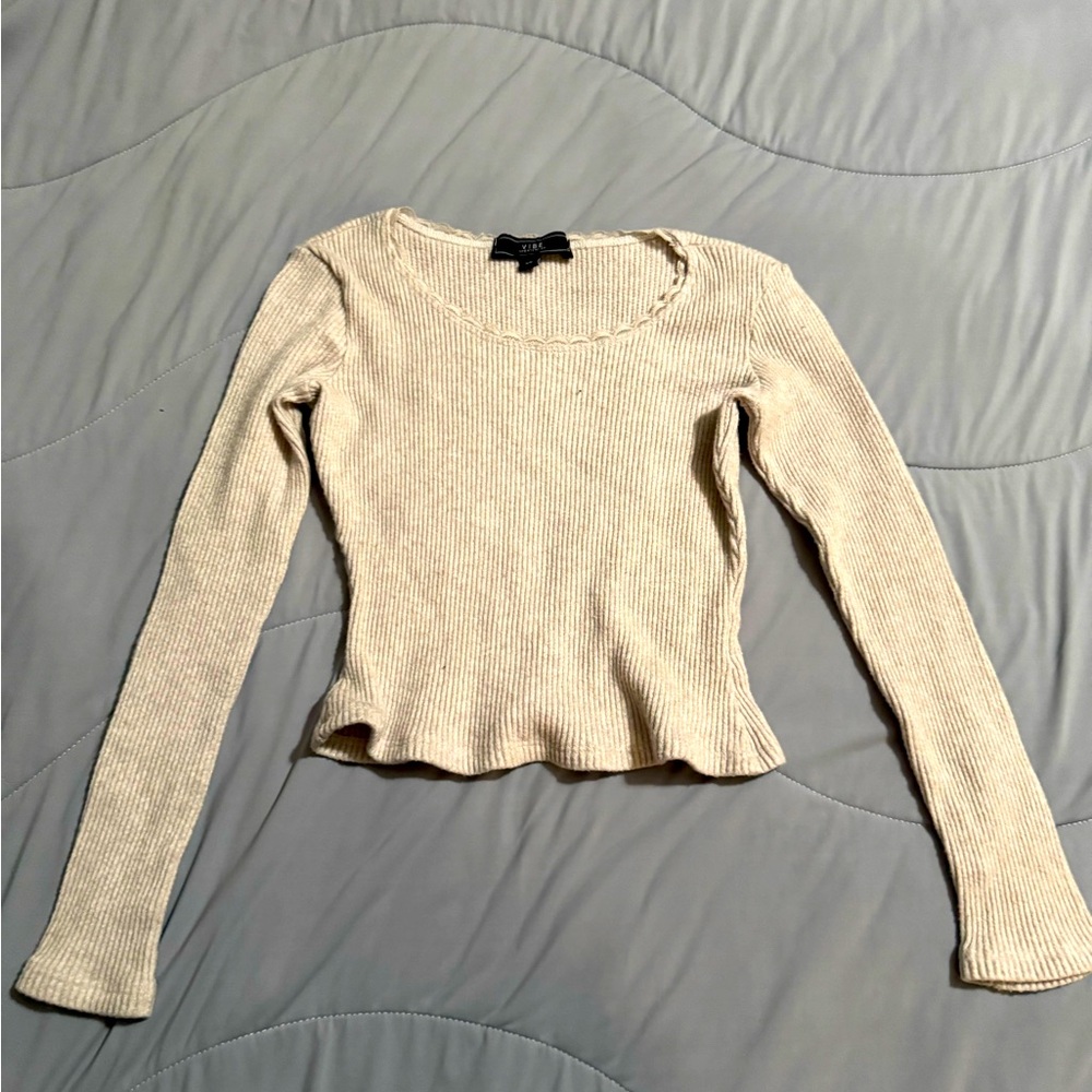 Cream Ribbed Long Sleeve Top